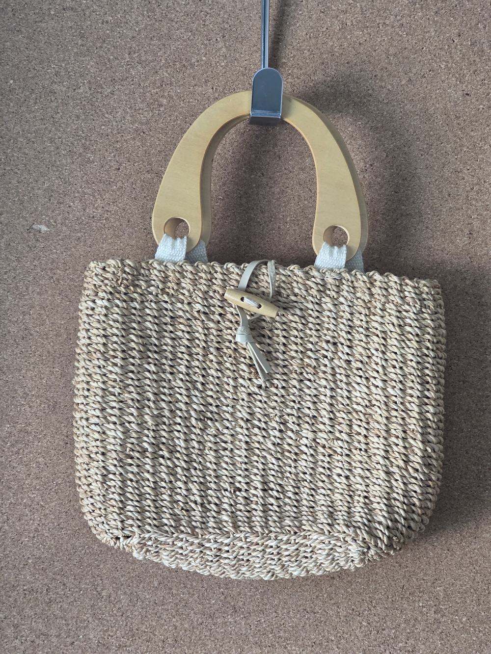 Woven Straw Handbag with Wooden Handles Natural Boho Summer Bag Cottagecore